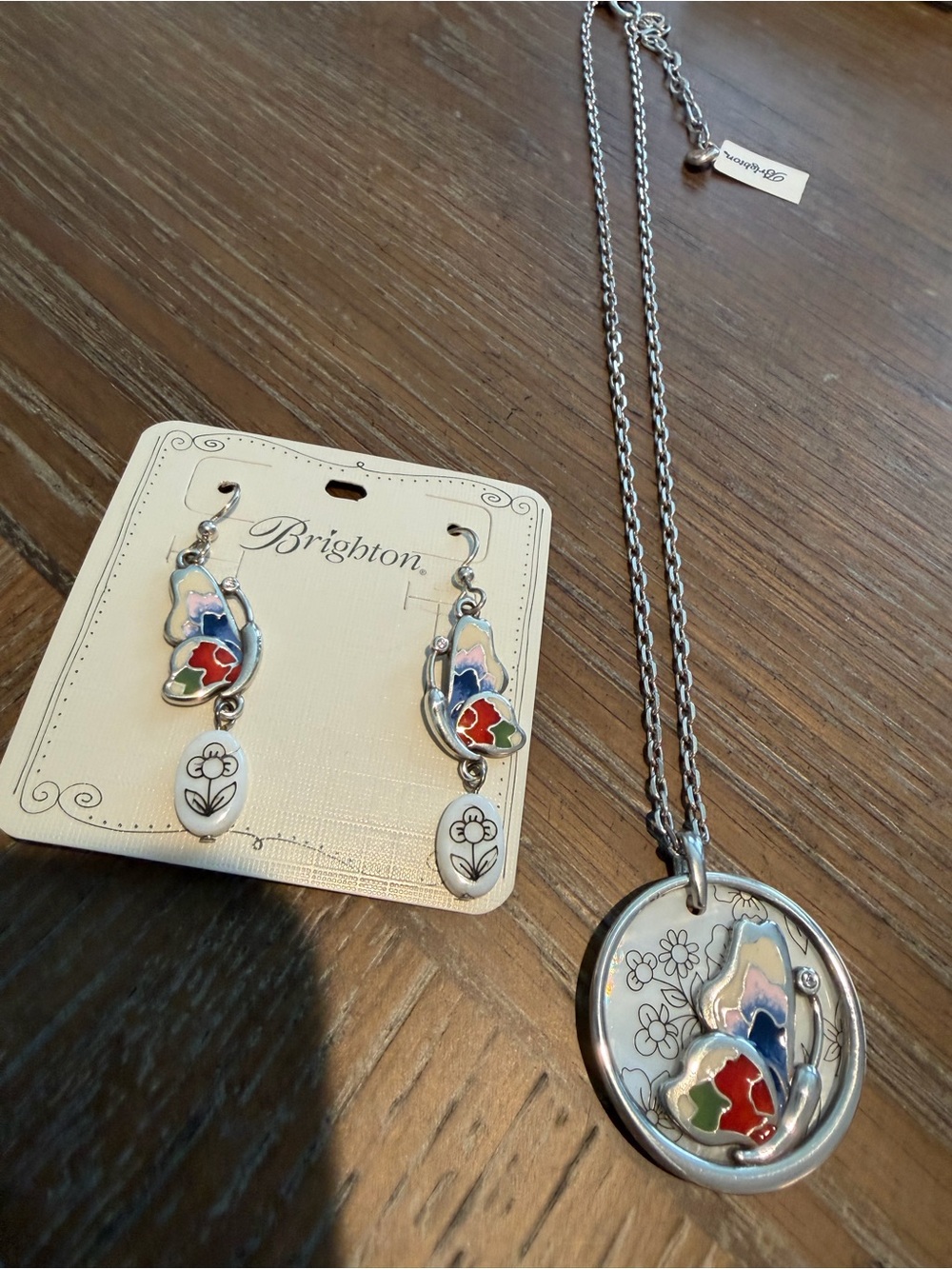 Brighton Silver Multi-Color Floral Pendant Necklace and Earrings Set